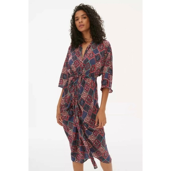 By Anthropologie miska plum navy tan tile Patterned 3/4 sleeve dress L